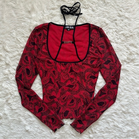 I.AM.GIA Crop Top Medusa Top Mesh Long Sleeve Snakeprint Red Black Sz XS - Picture 2 of 12